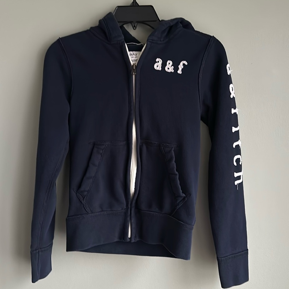 Abercrombie Kids Zip up Hoodie Spell Out Faded Navy Front Pockets medium